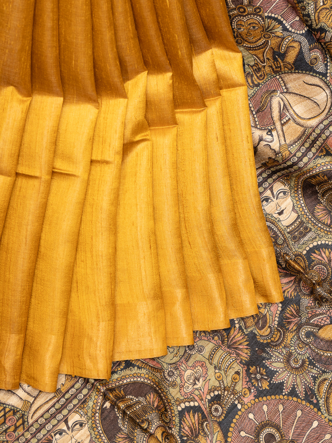 Mustard Yellow Hand Printed Pure Tussar Saree - Clio Silks