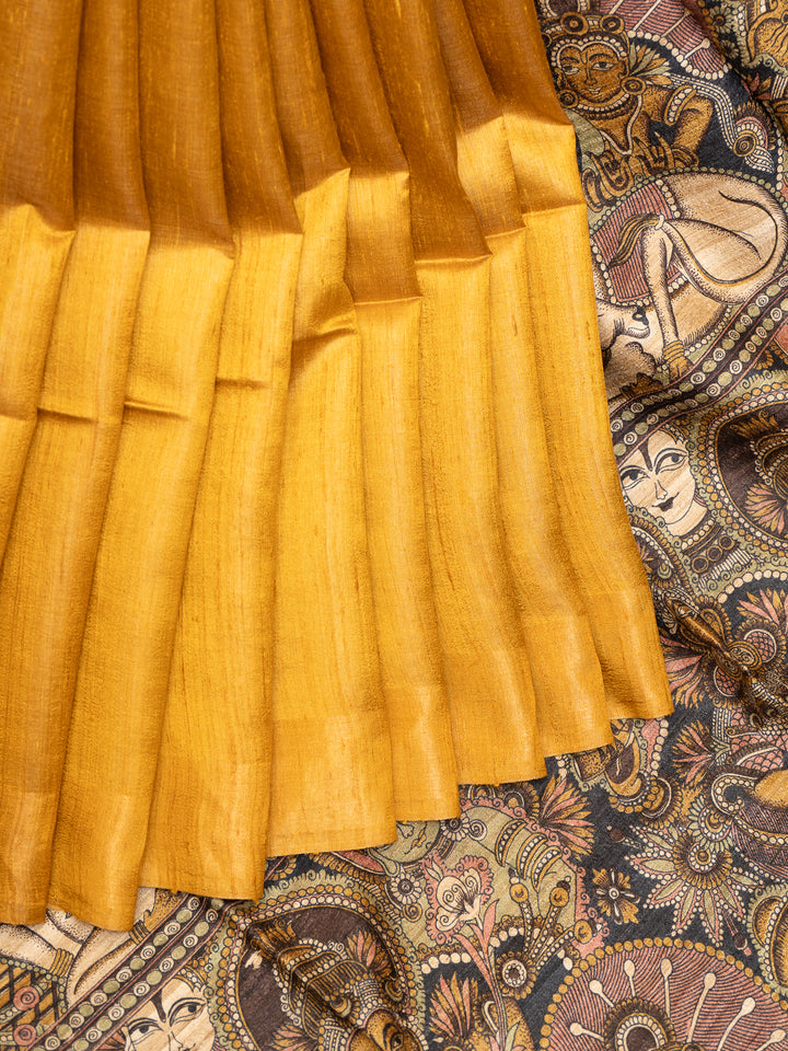 Mustard Yellow Hand Printed Pure Tussar Saree - Clio Silks