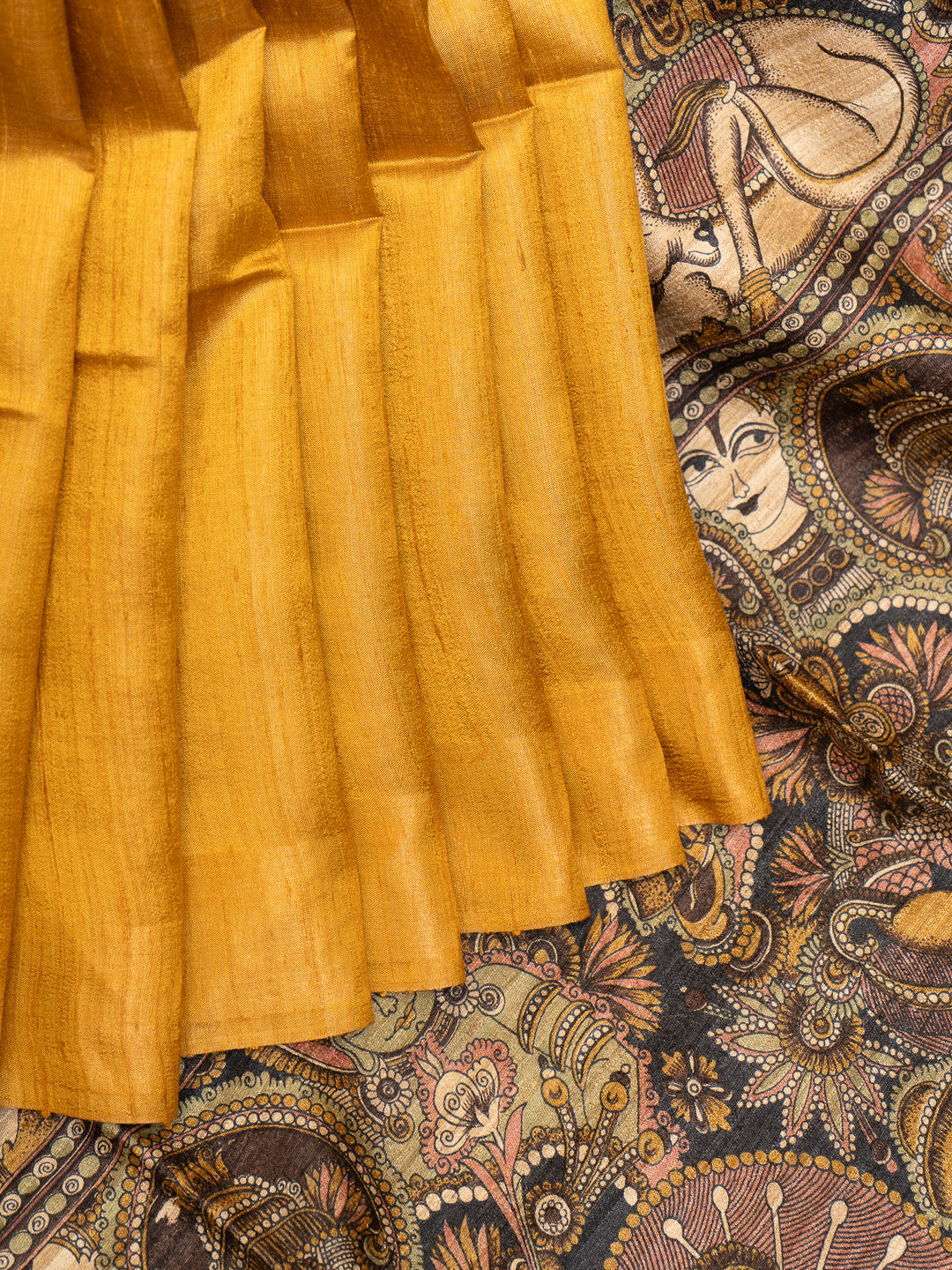 Mustard Yellow Hand Printed Pure Tussar Saree - Clio Silks