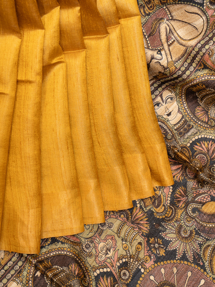 Mustard Yellow Hand Printed Pure Tussar Saree - Clio Silks