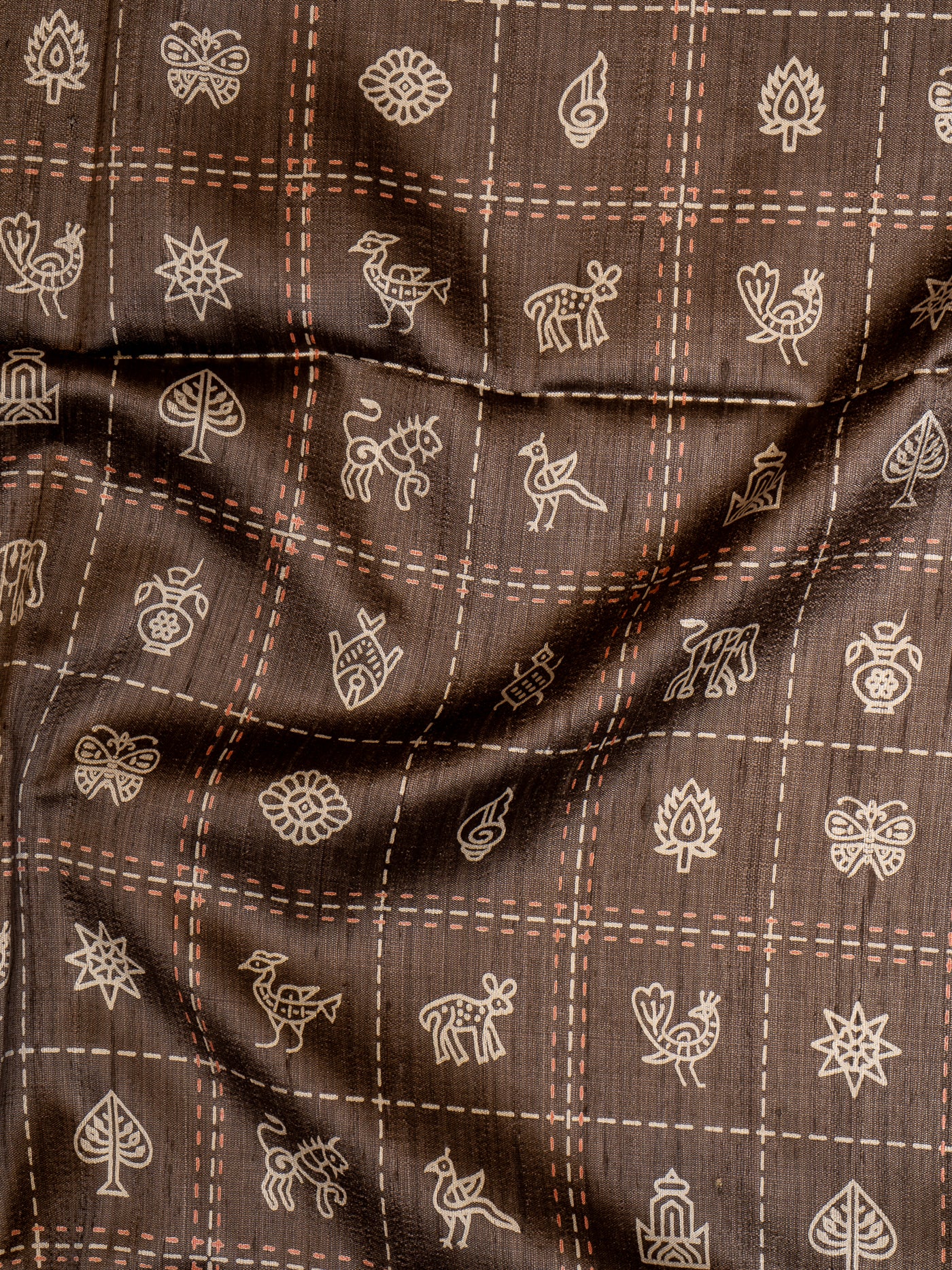 Brunette Brown and Peach Pure Hand Printed Tussar Saree - Clio Silks