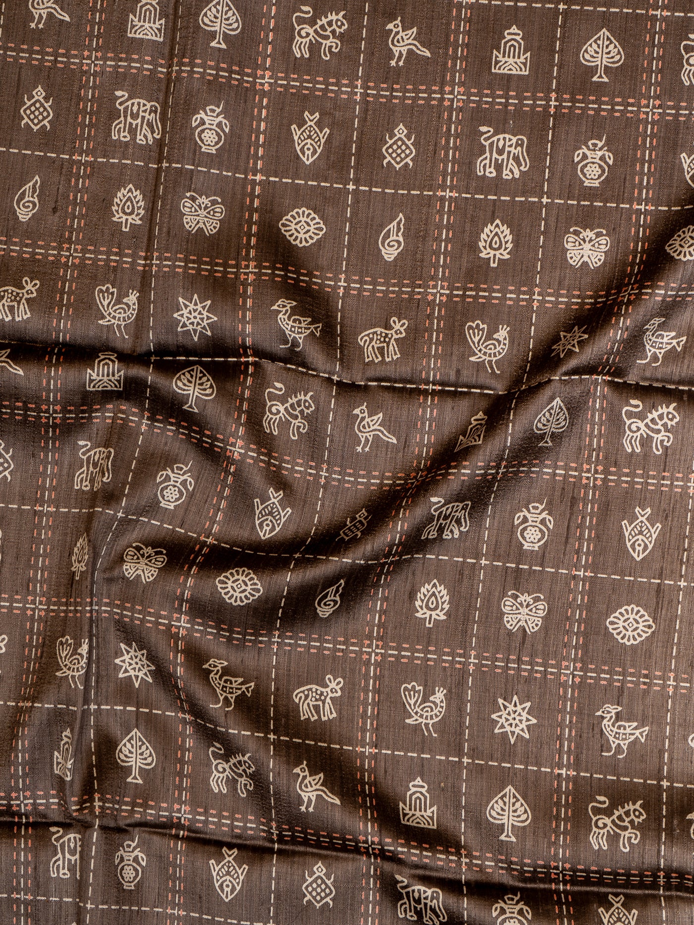Brunette Brown and Peach Pure Hand Printed Tussar Saree - Clio Silks