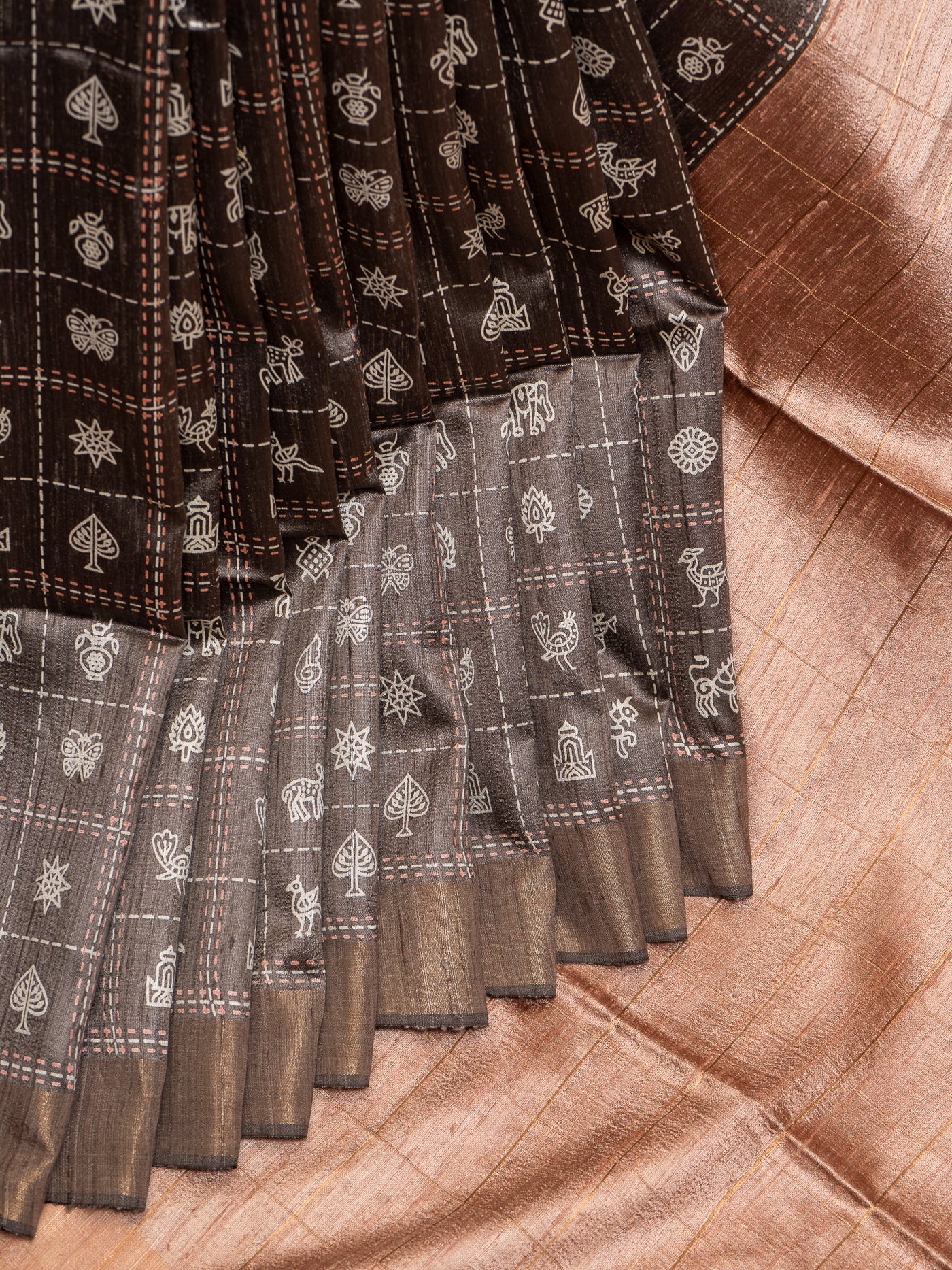 Brunette Brown and Peach Pure Hand Printed Tussar Saree - Clio Silks