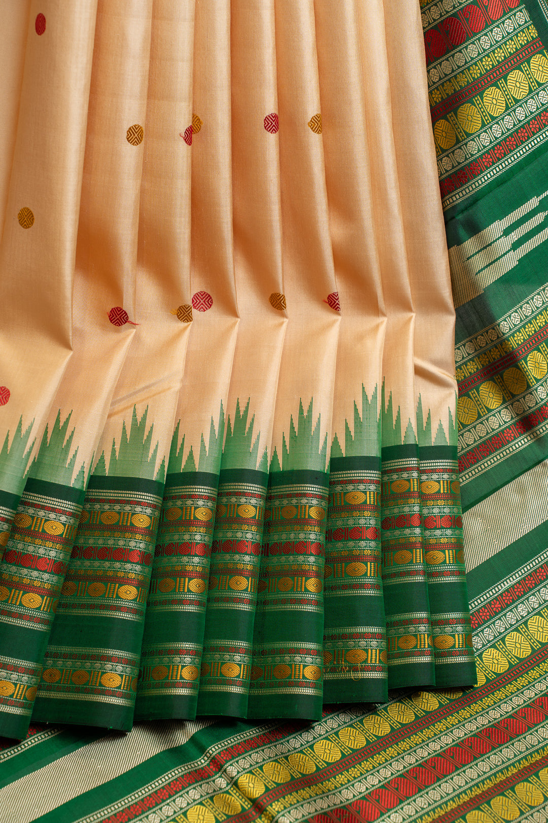 Cream and green threadwork pure Kanchipuram silk saree