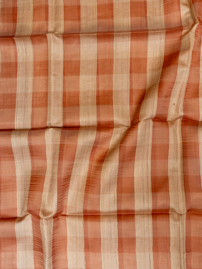Peach Checks Hand Printed Pure Organza Tussar Saree - Clio Silks