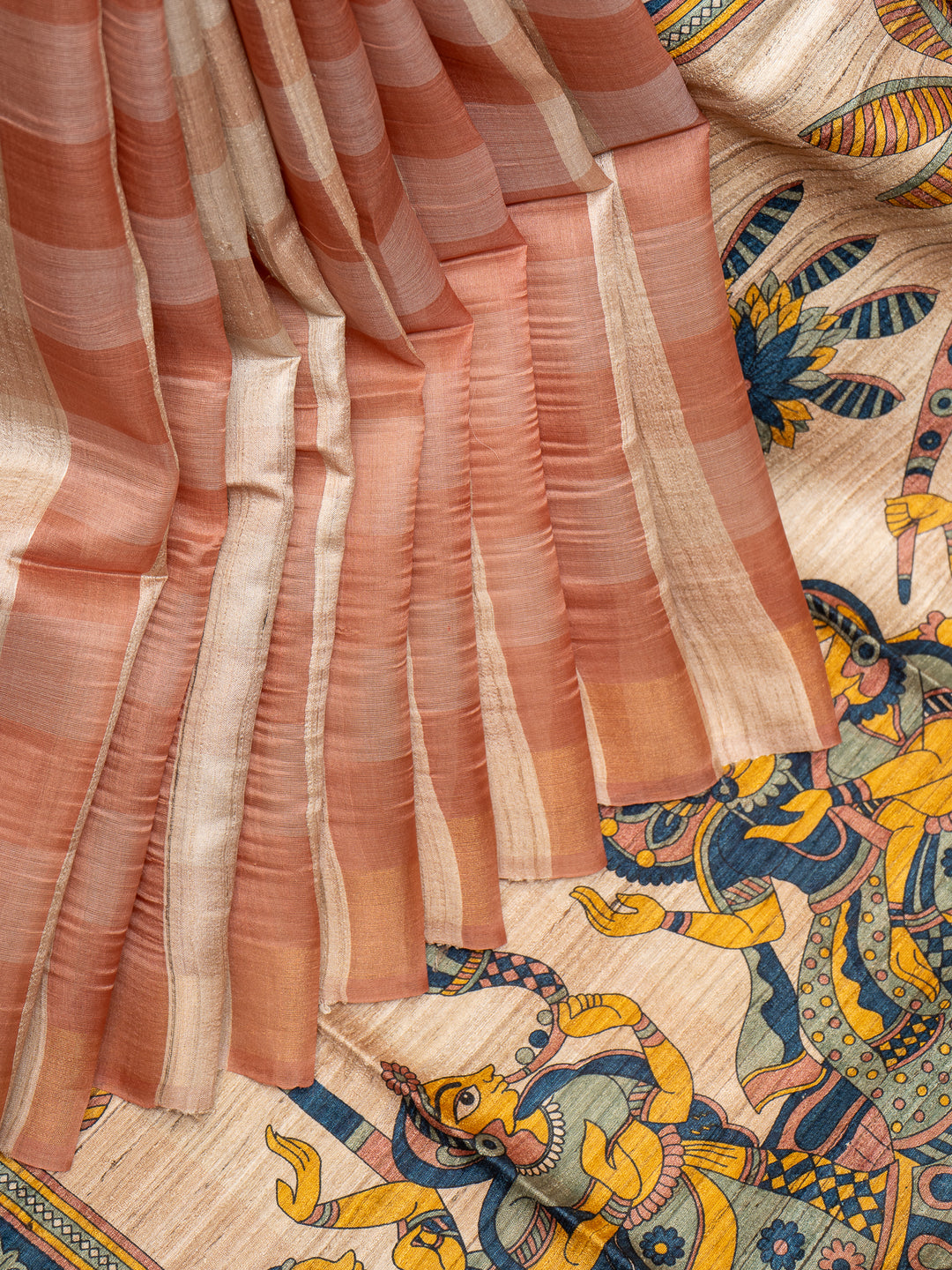 Peach Checks Hand Printed Pure Organza Tussar Saree - Clio Silks