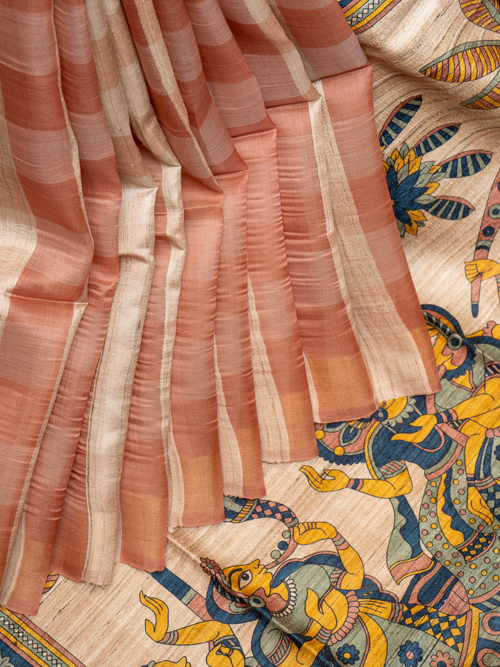 Peach Checks Hand Printed Pure Organza Tussar Saree - Clio Silks