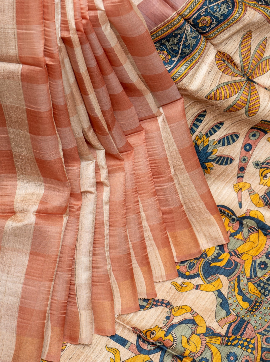 Peach Checks Hand Printed Pure Organza Tussar Saree - Clio Silks