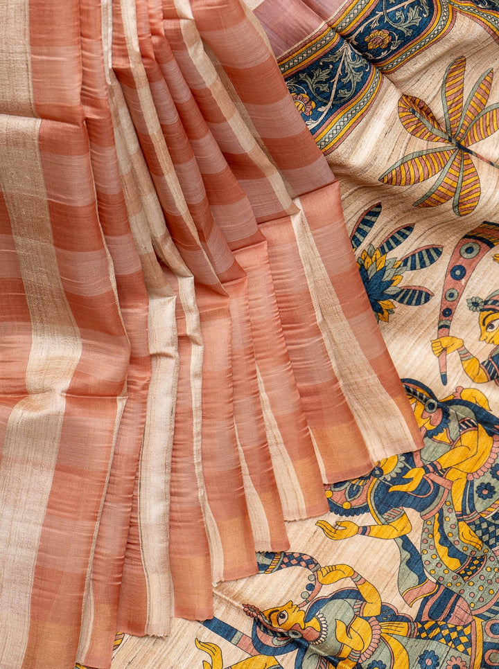 Peach Checks Hand Printed Pure Organza Tussar Saree - Clio Silks