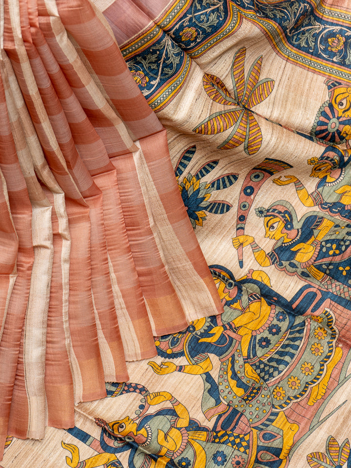 Peach Checks Hand Printed Pure Organza Tussar Saree - Clio Silks