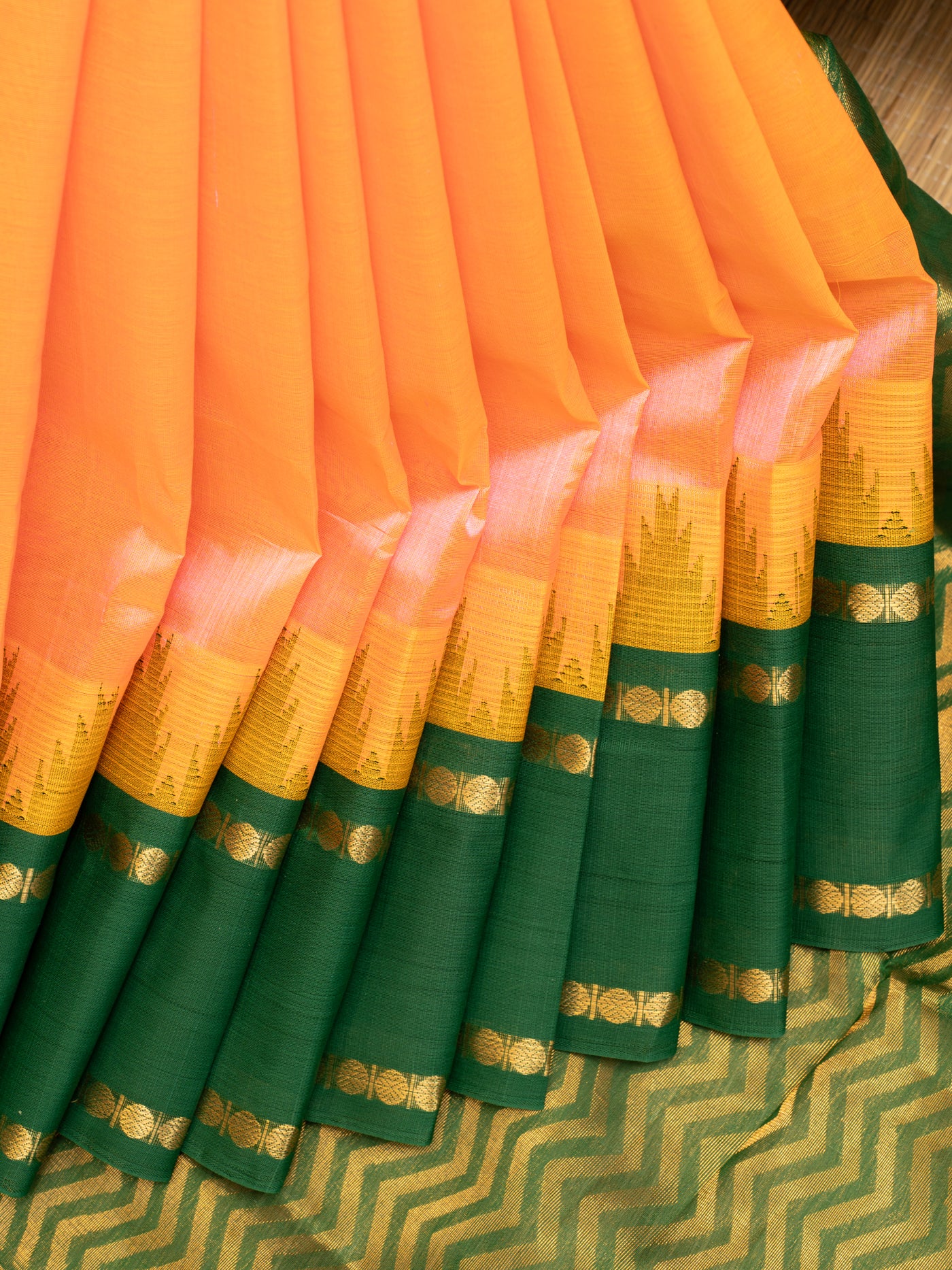 Peach yellow korvai pattu borders pure silk cotton saree