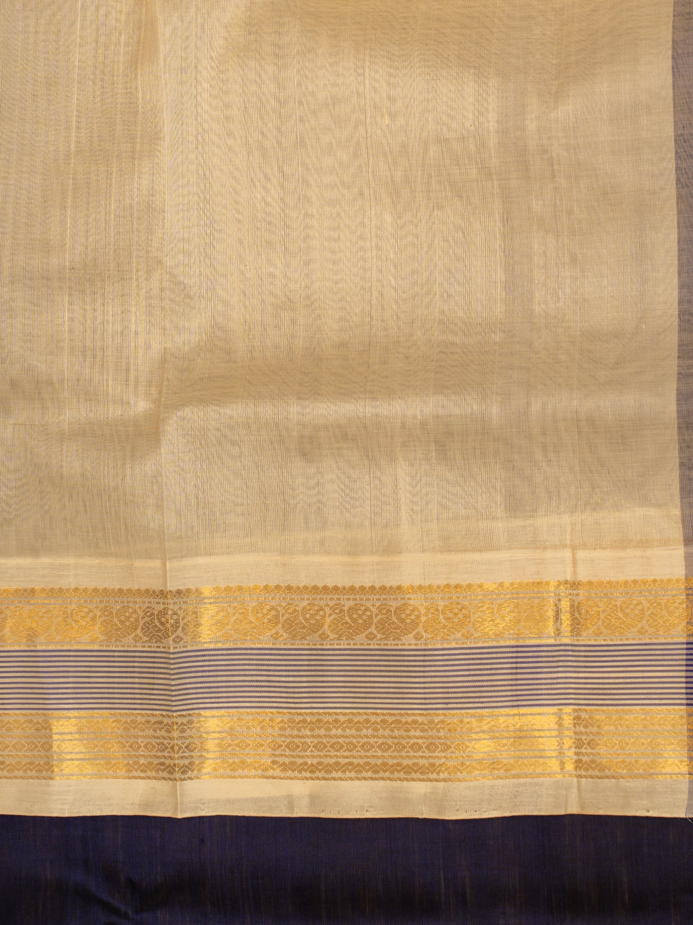 Indigo blue and ivory korvai pattu borders pure silk cotton saree