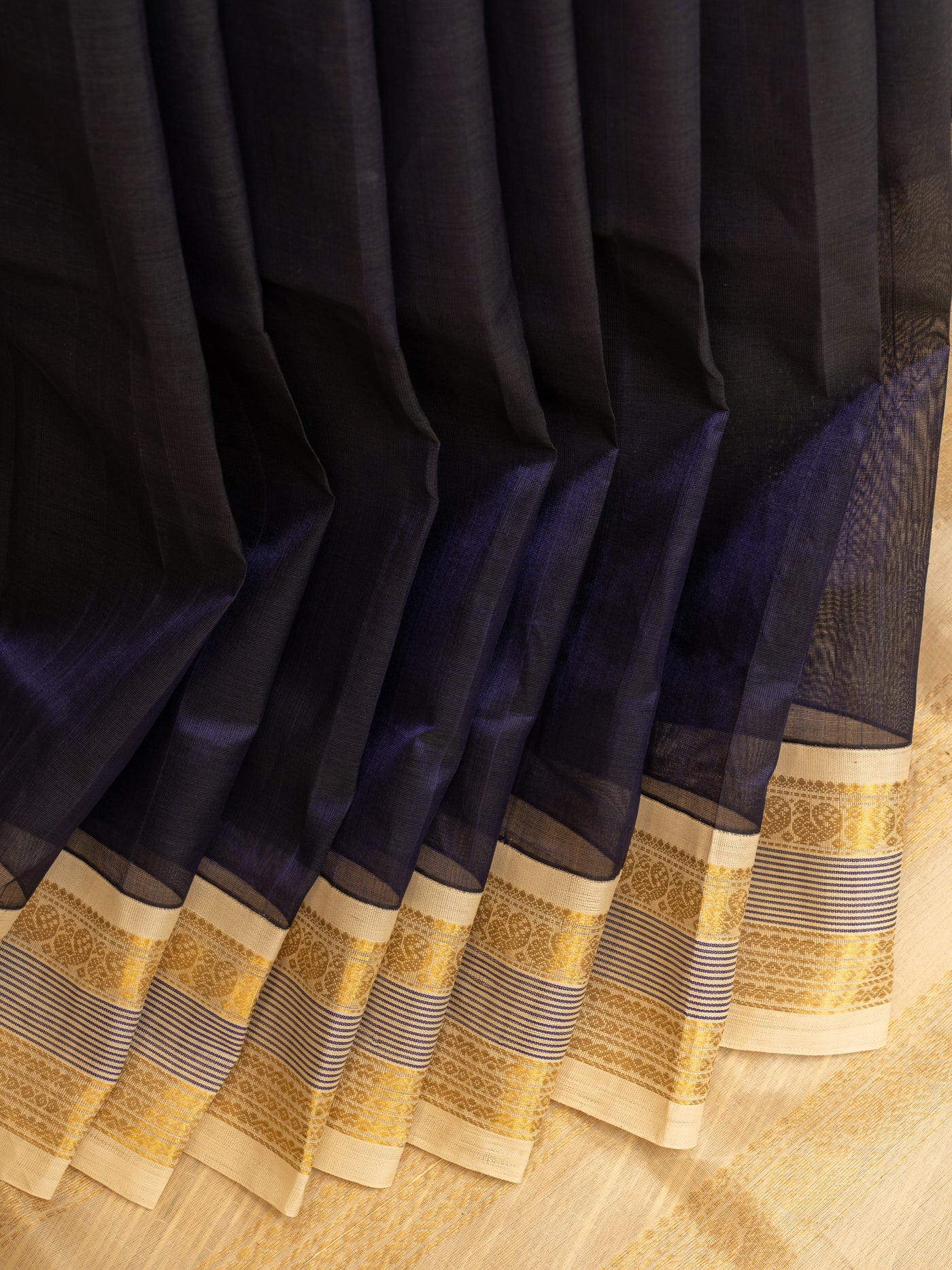 Indigo blue and ivory korvai pattu borders pure silk cotton saree