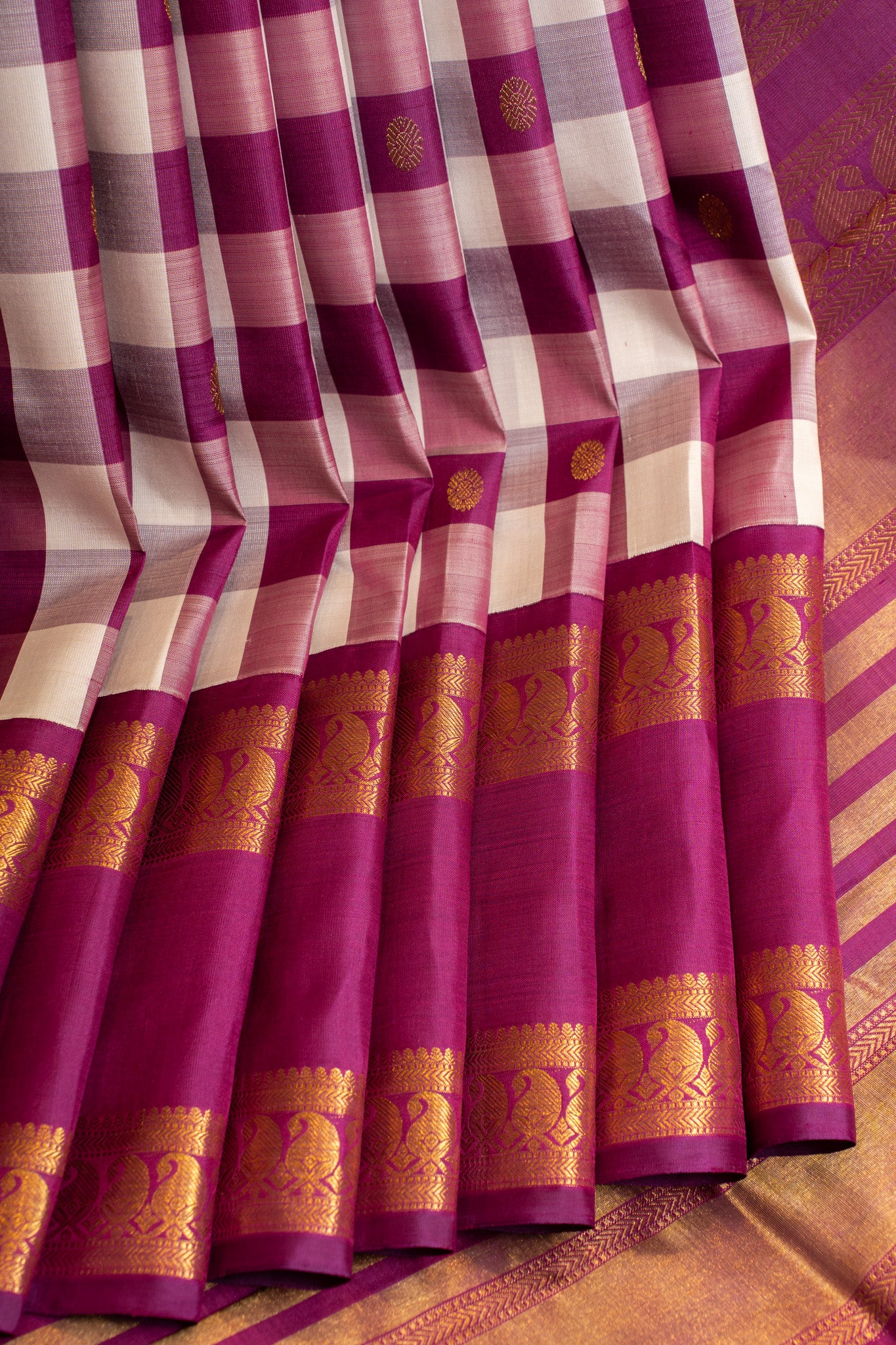 Magenta and off white checks pure zari Kanchipuram silk saree