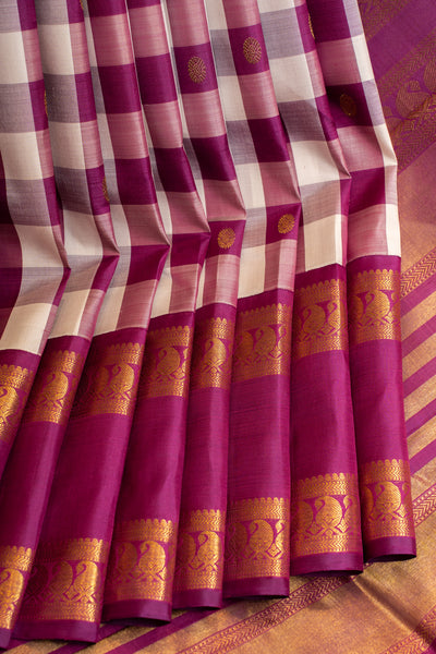 Magenta and off white checks pure zari Kanchipuram silk saree