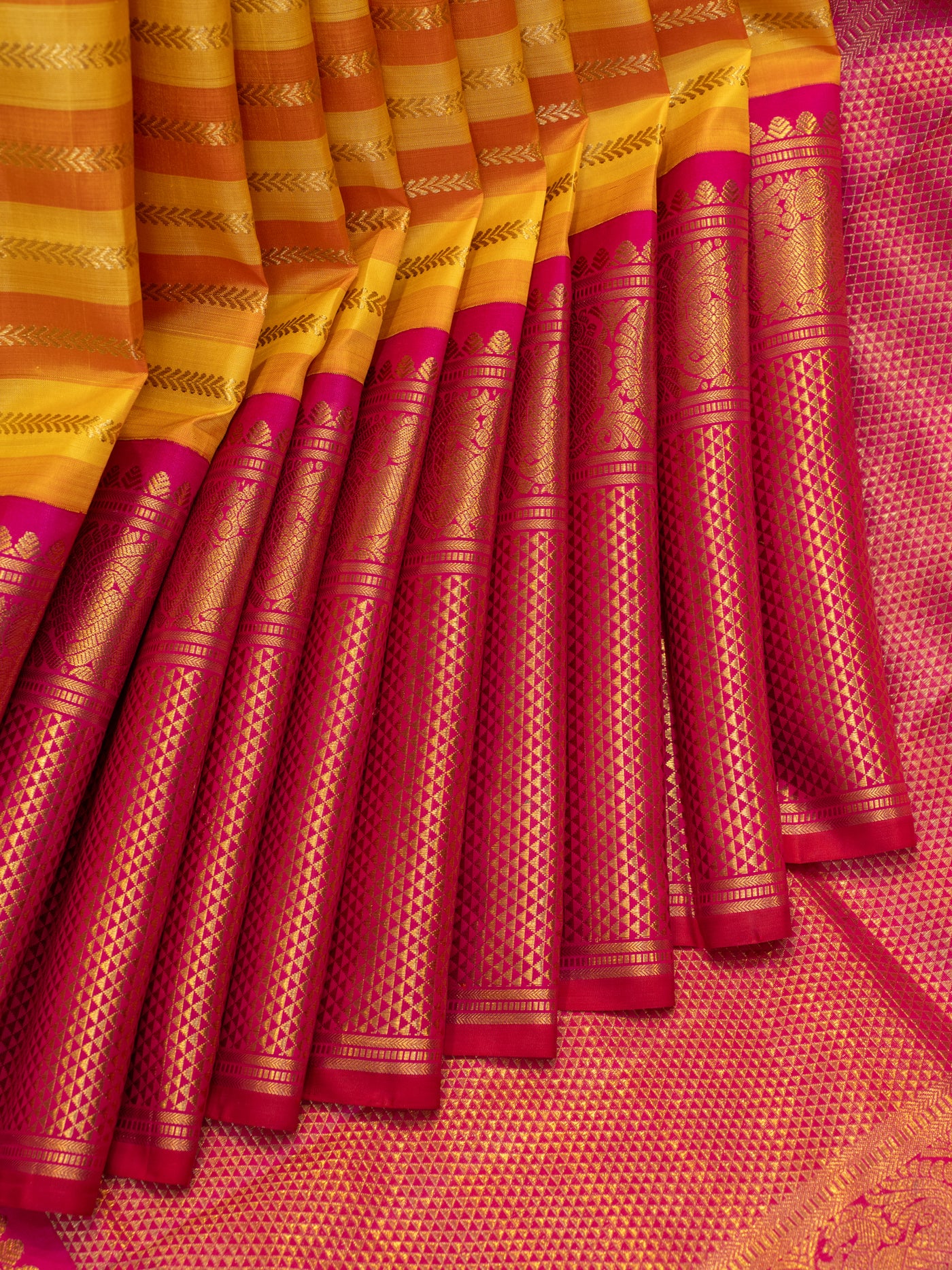 Yellow kathir stripes pure zari big border Kanchipuram silk saree