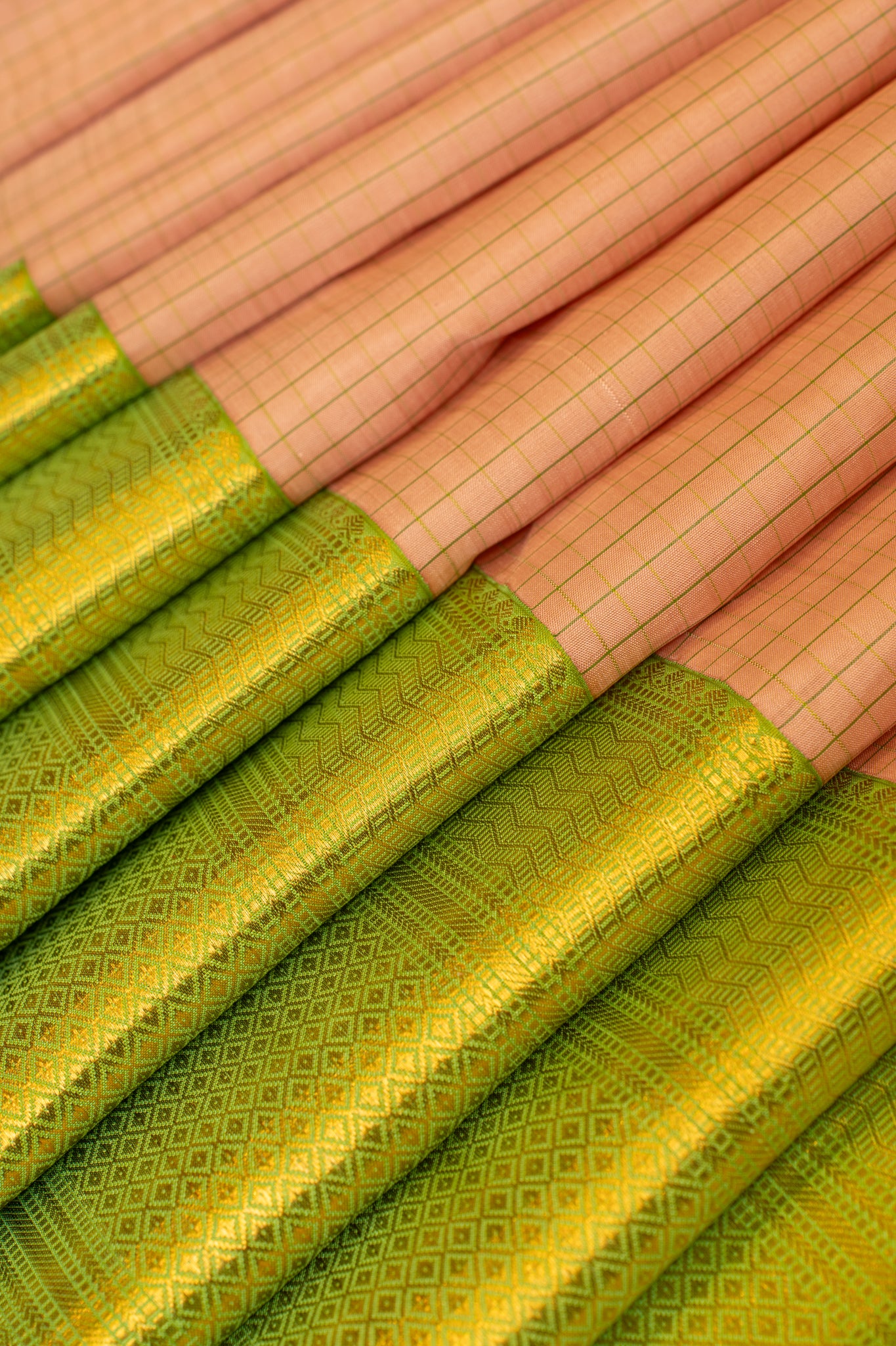 Peach and green pure Kanchipuram silk saree