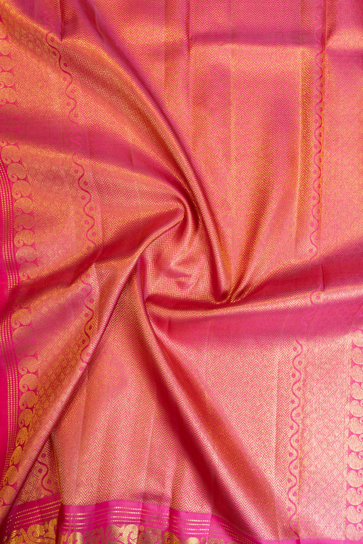 Champagne gold and pink yaazhi checks pure zari Kanchipuram silk saree