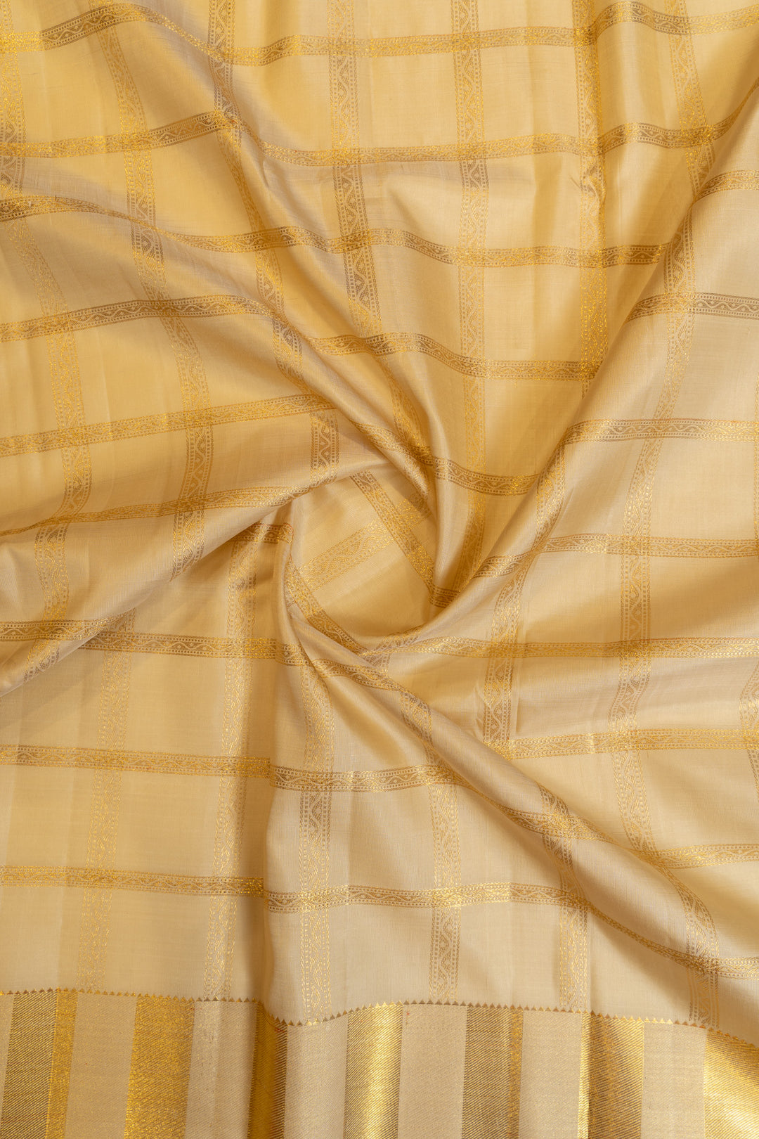 Champagne gold and pink yaazhi checks pure zari Kanchipuram silk saree