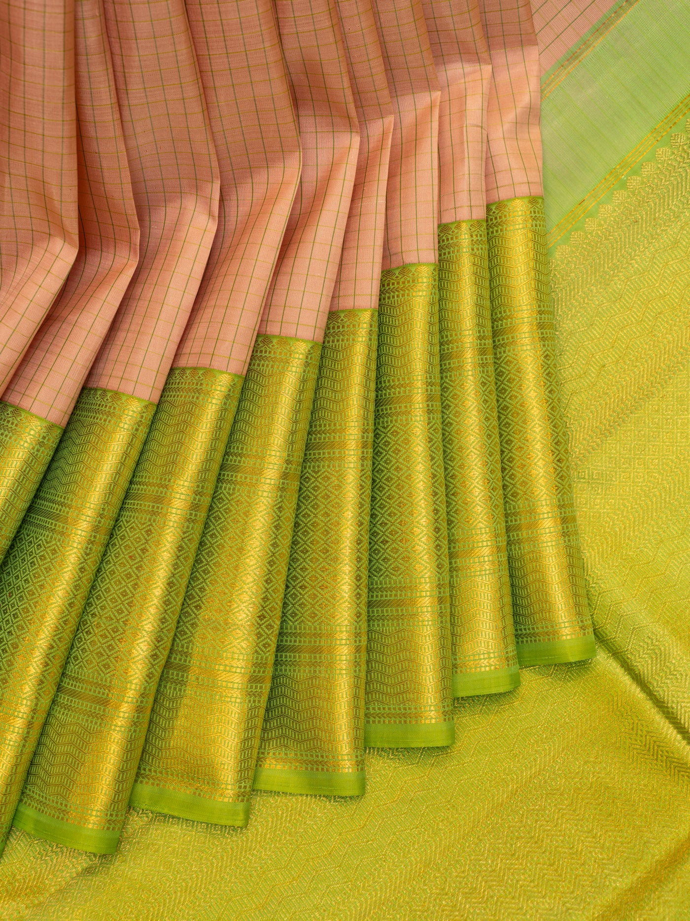 Peach and green pure Kanchipuram silk saree