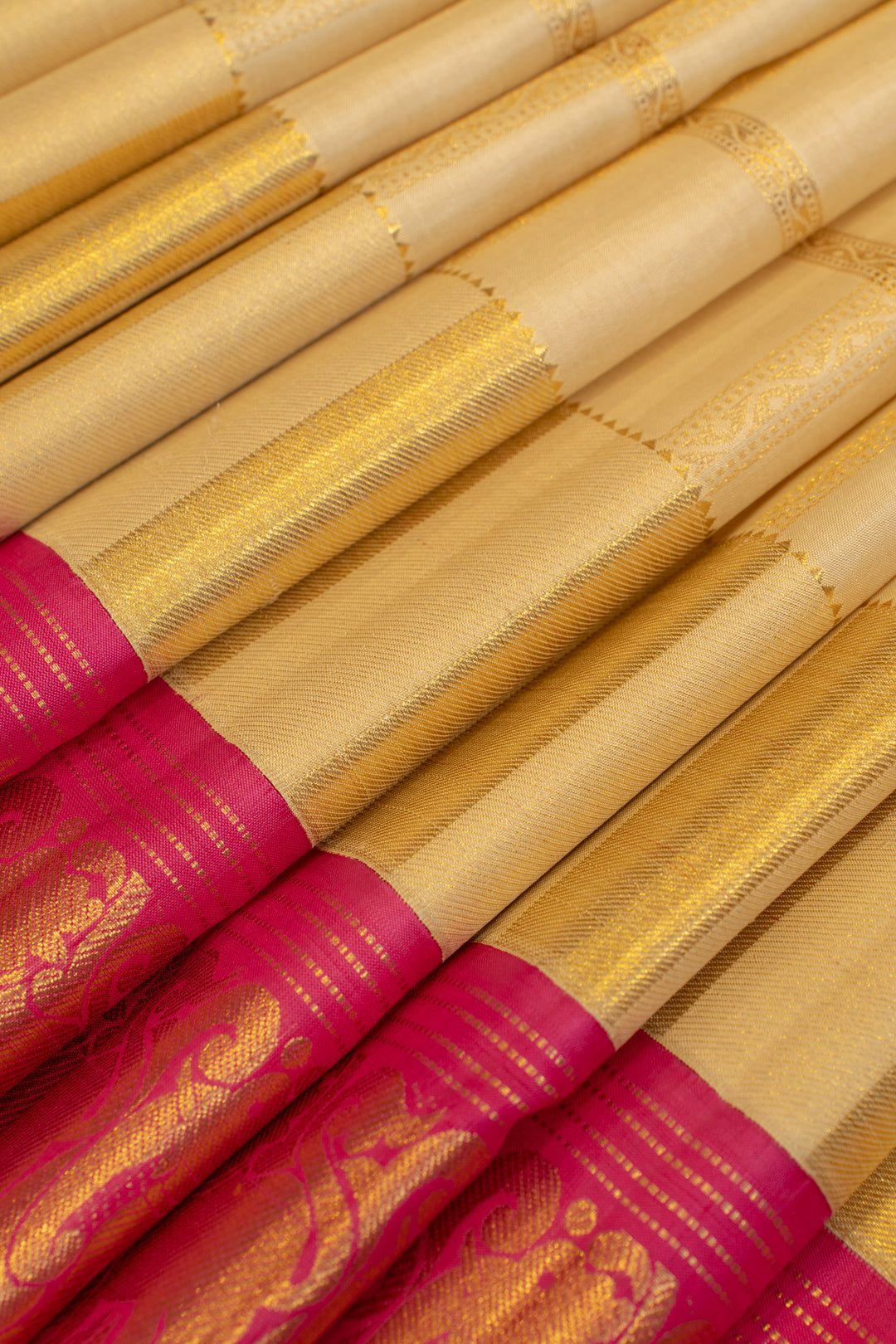 Champagne gold and pink yaazhi checks pure zari Kanchipuram silk saree
