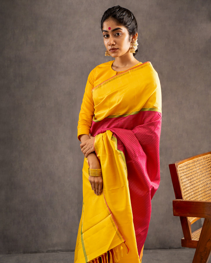 Ruby Pink Pure Zari Checks Kanchipuram Silk Saree - Clio Silks