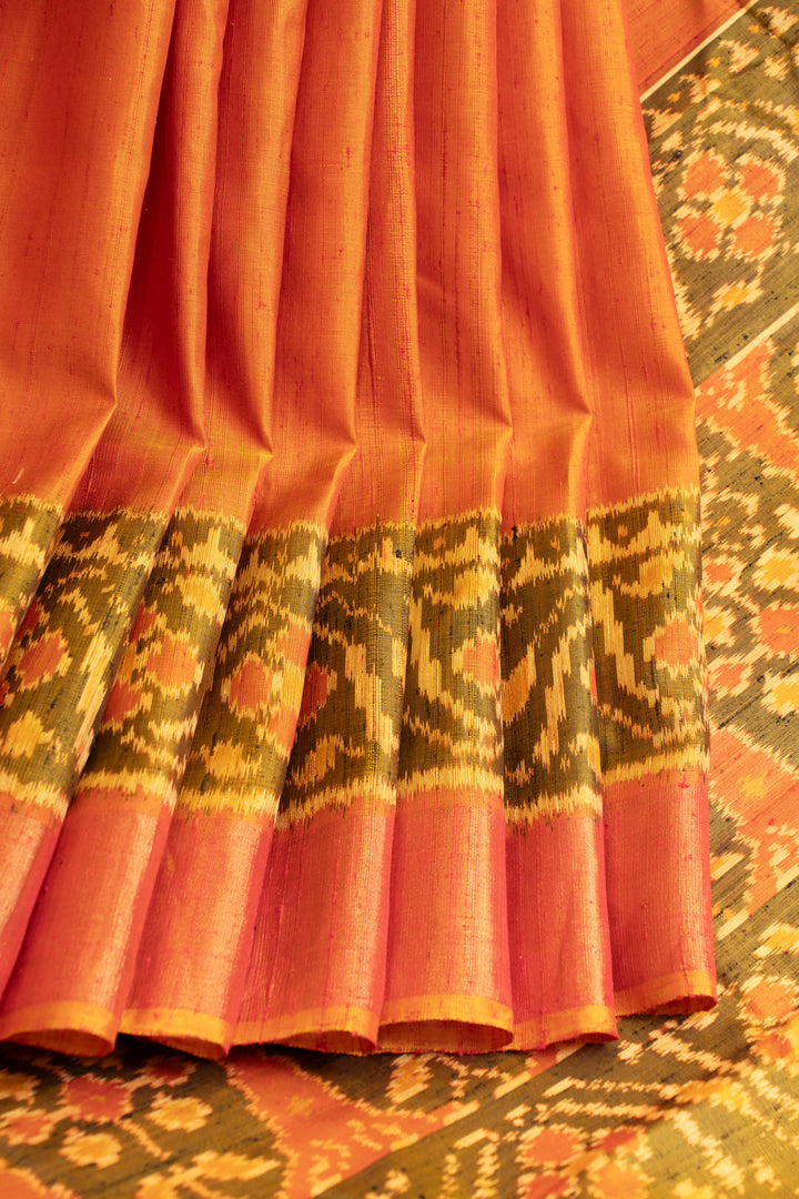 Peach shot colour raw silk pure patola ikat silk saree