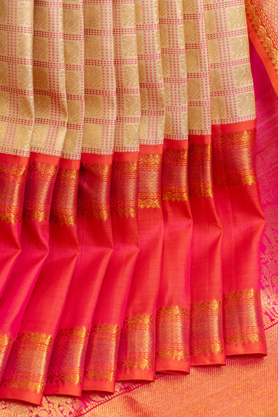 Honey beige pure zari Muthu checks Kanchipuram silk saree