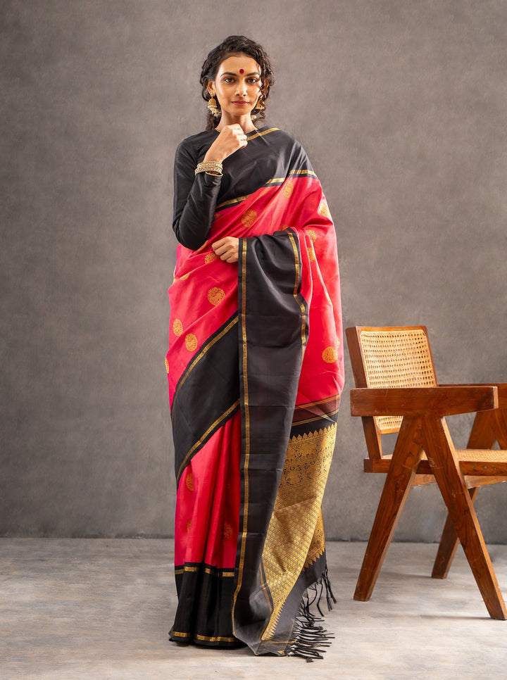Pink and Black Pure Zari Kanchipuram Silk Saree - Clio Silks