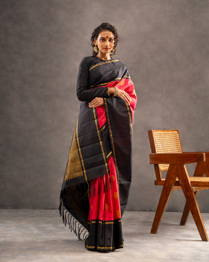 Pink and Black Pure Zari Kanchipuram Silk Saree - Clio Silks