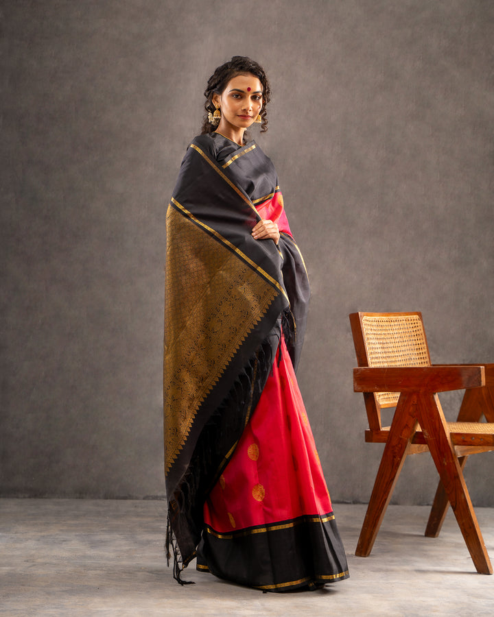 Pink and Black Pure Zari Kanchipuram Silk Saree - Clio Silks