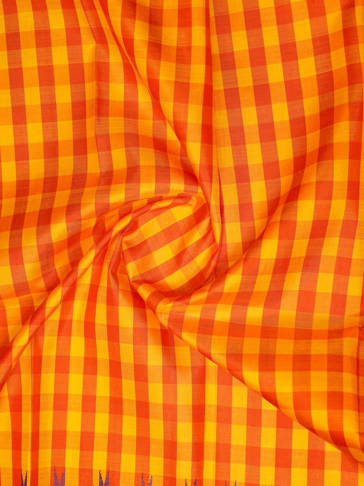 Yellow and Orange Checks Kanchipuram Silk Saree
