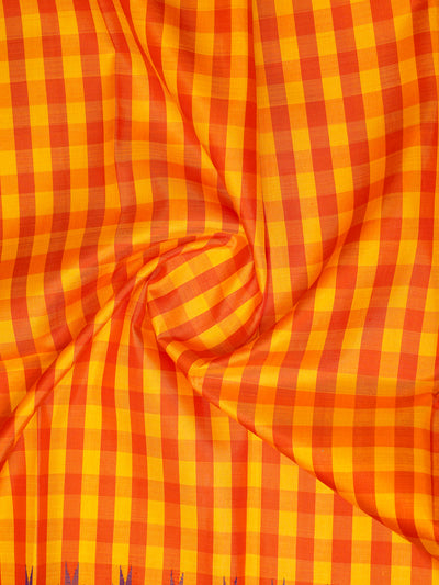 Yellow and Orange Checks Kanchipuram Silk Saree