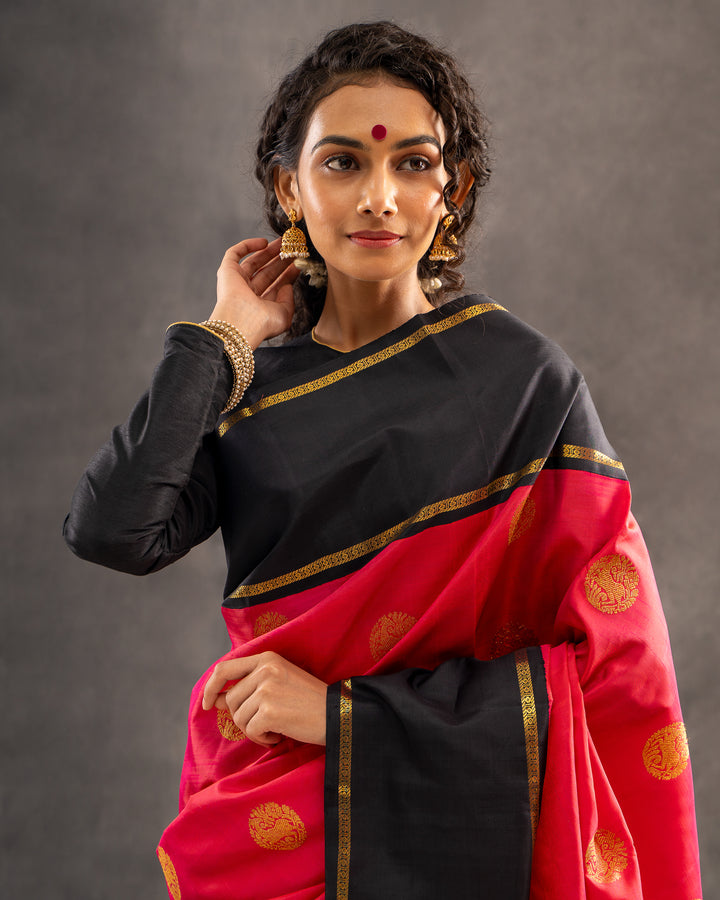 Pink and Black Pure Zari Kanchipuram Silk Saree - Clio Silks