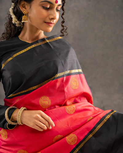 Pink and Black Pure Zari Kanchipuram Silk Saree - Clio Silks