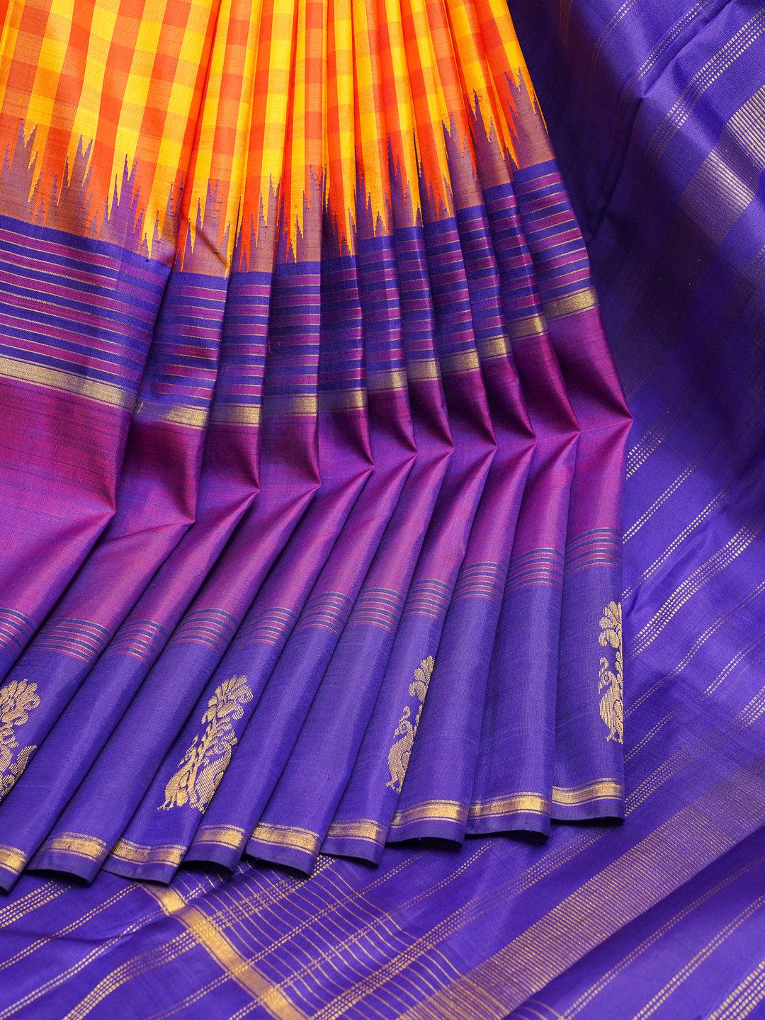Yellow and Orange Checks Kanchipuram Silk Saree