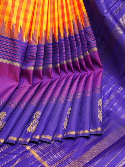 Yellow and Orange Checks Kanchipuram Silk Saree