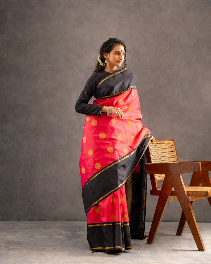 Pink and Black Pure Zari Kanchipuram Silk Saree - Clio Silks