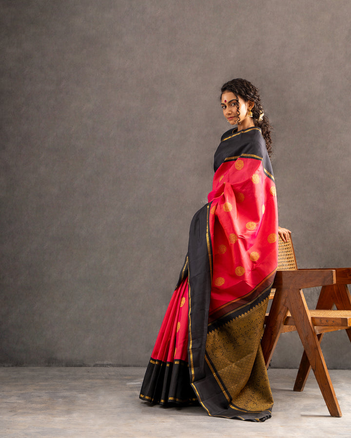 Pink and Black Pure Zari Kanchipuram Silk Saree - Clio Silks