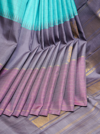 Blue and Grey Checks Pure Kanchipuram Silk Saree