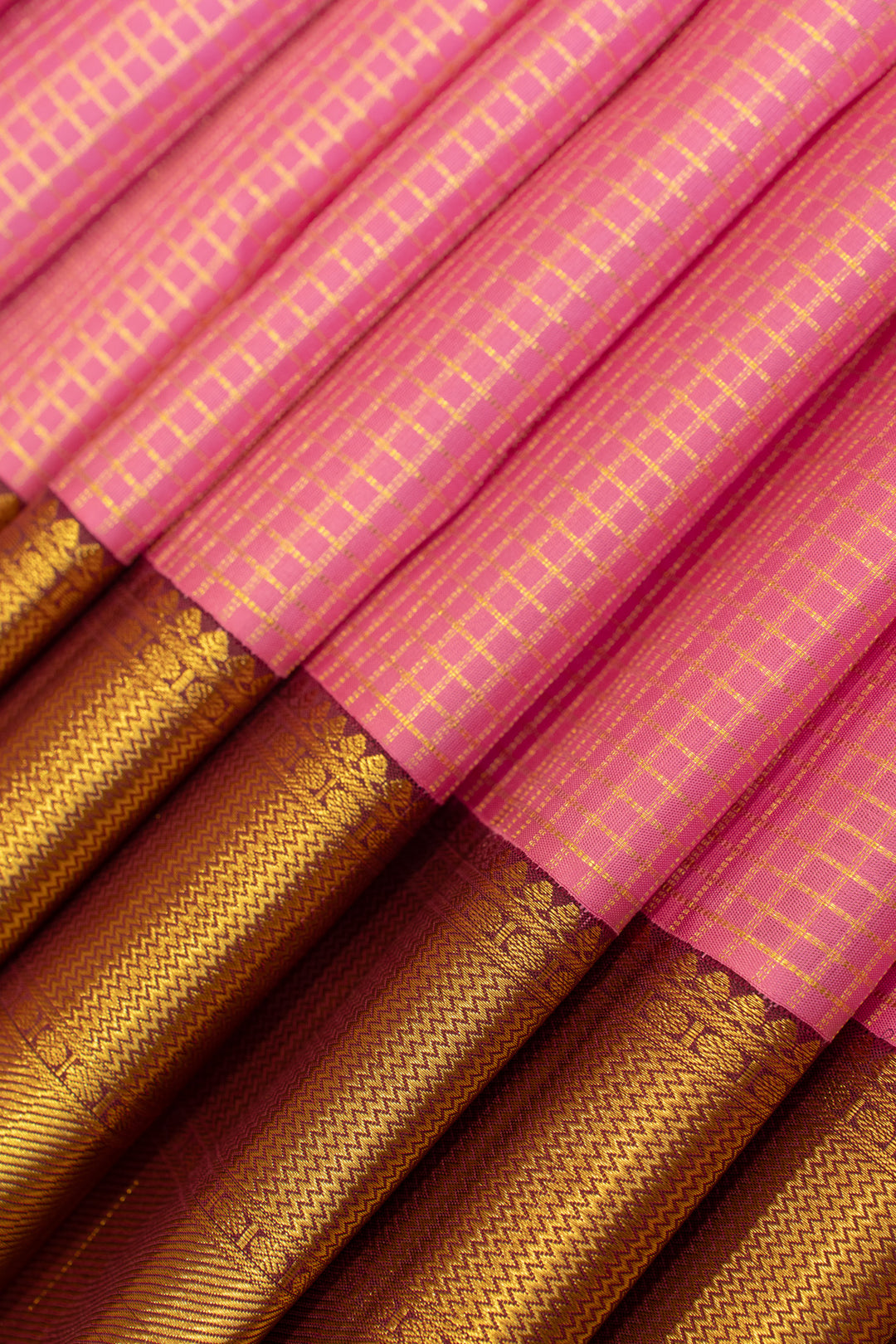 Flamingo pink and jamun zari checks pure Kanchipuram silk saree