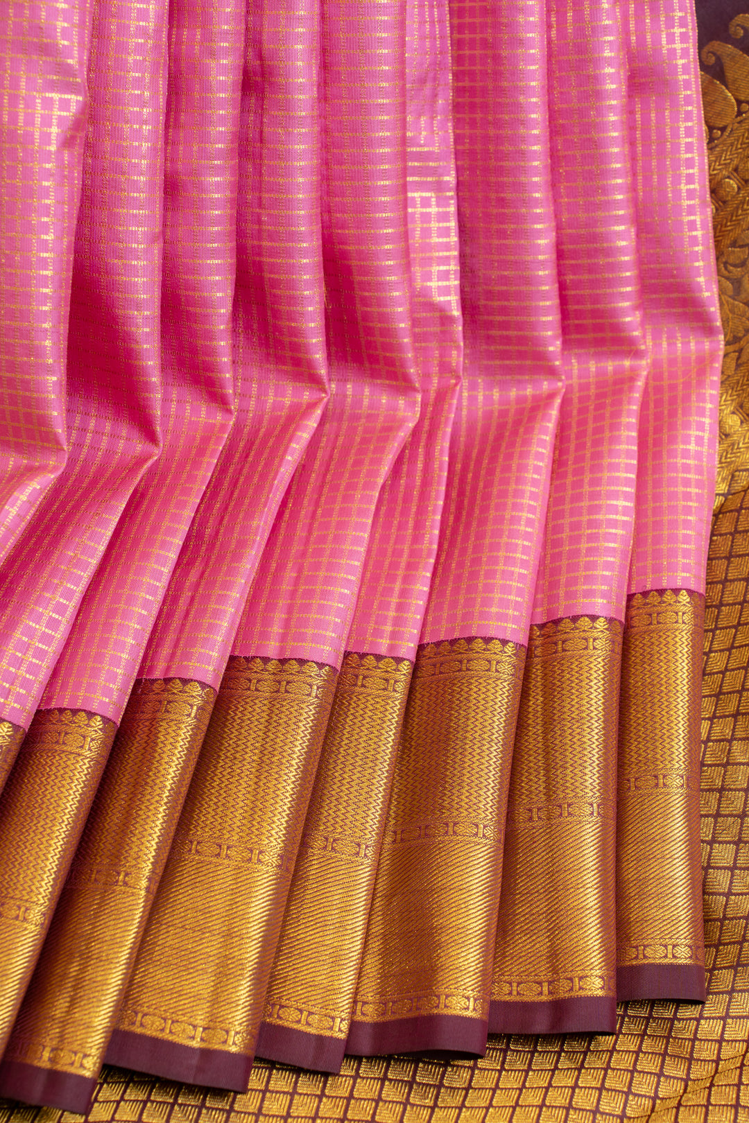 Flamingo pink and jamun zari checks pure Kanchipuram silk saree