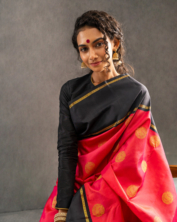 Pink and Black Pure Zari Kanchipuram Silk Saree - Clio Silks