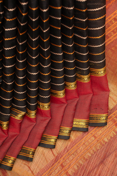 Black Neli Stripes Pure Handowven Silk Cotton Saree - Clio Silks
