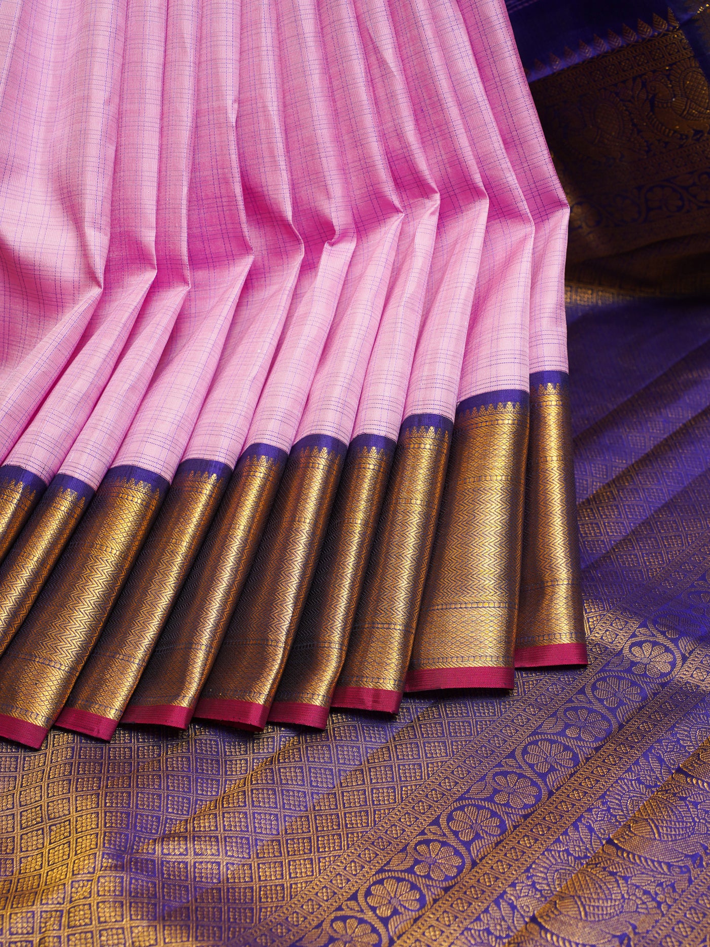 Lotus Pink Checks Pure Kanchipuram Silk Saree