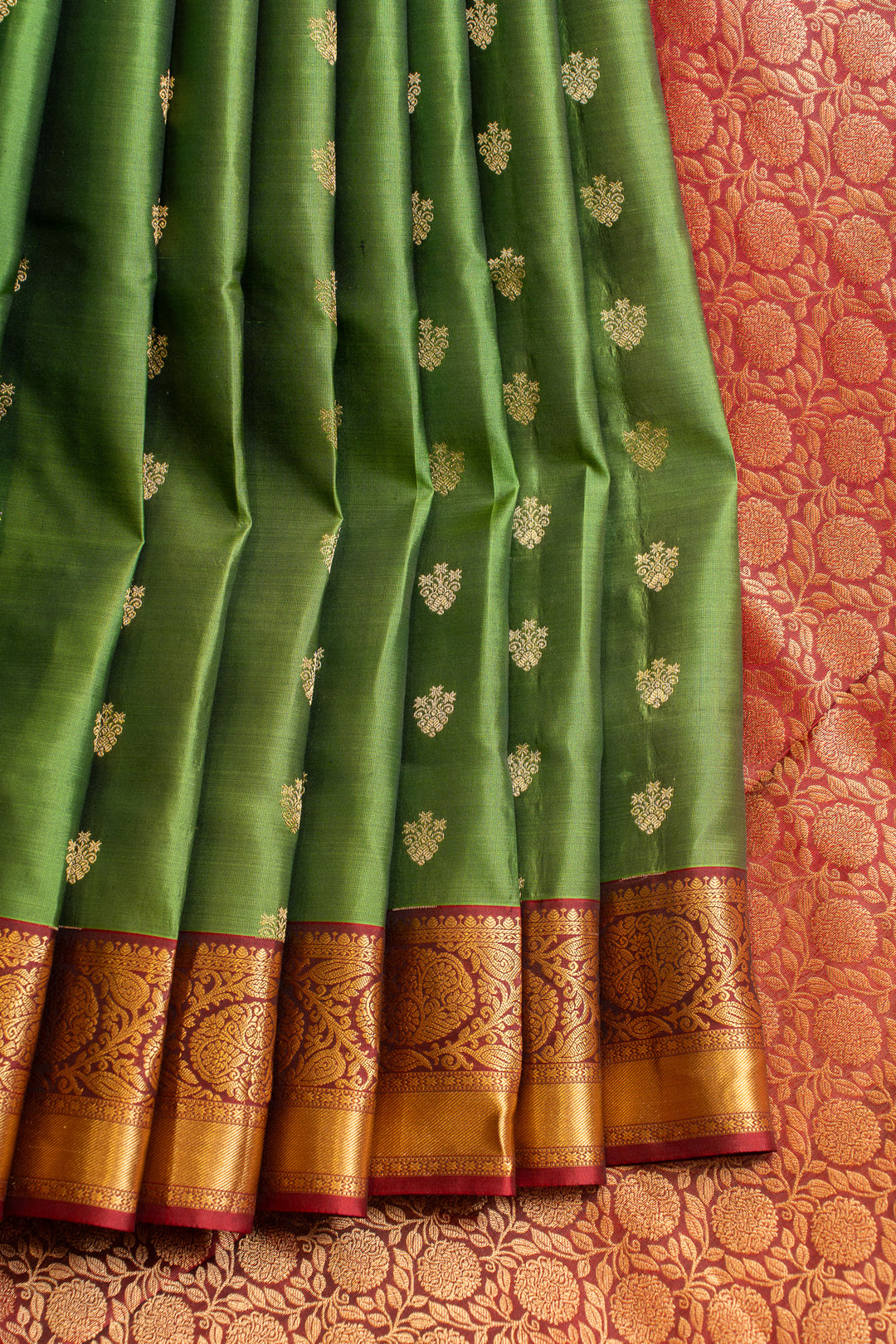 Mehendi green and red pure silk saree