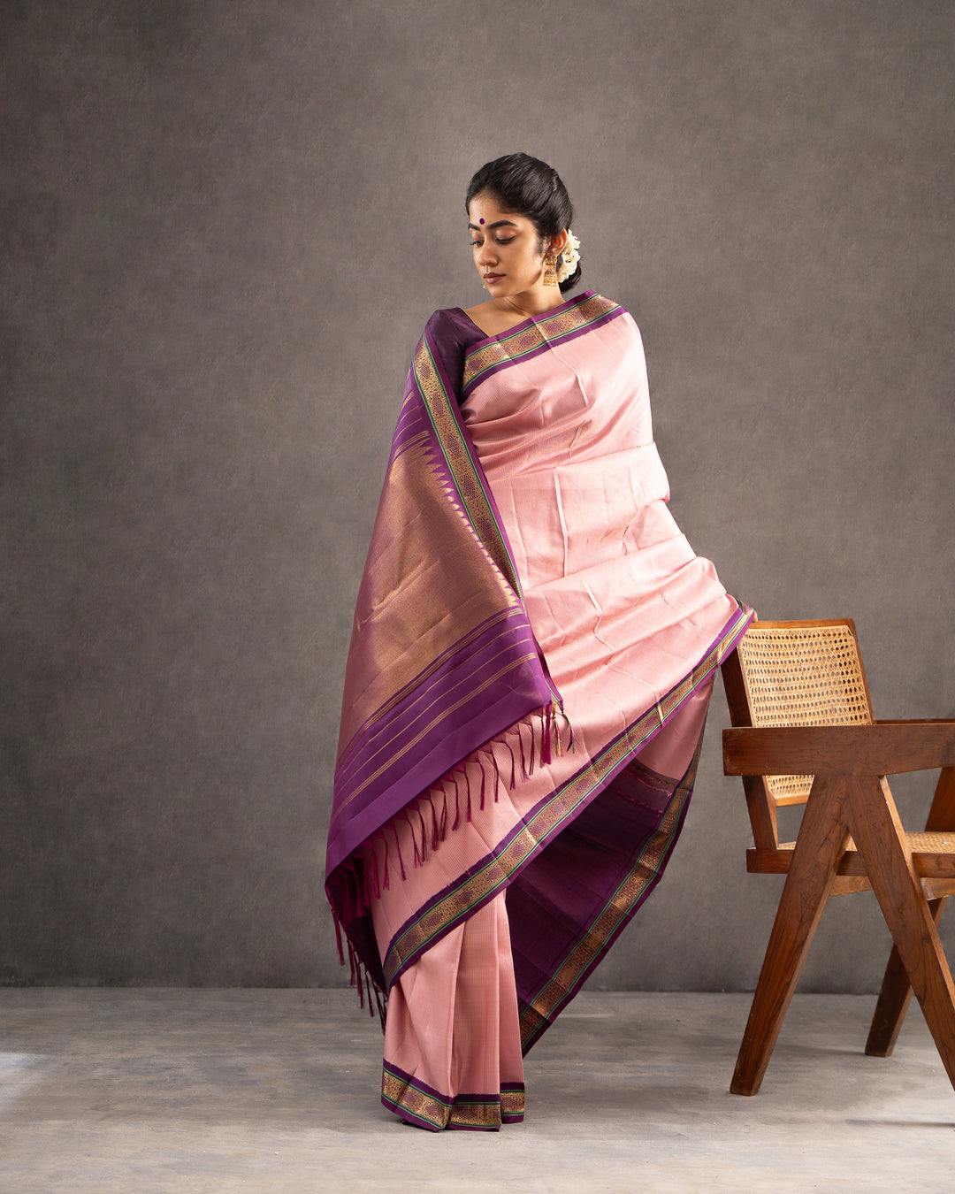 Blush Pink and Purple Pure Zari Kanchipuram Silk Saree - Clio Silks