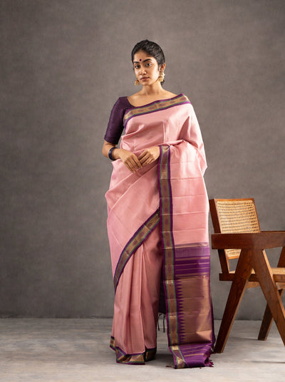 Blush Pink and Purple Pure Zari Kanchipuram Silk Saree - Clio Silks