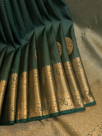 Bottle green vairaoosi checks pure Kanchipuram silk saree