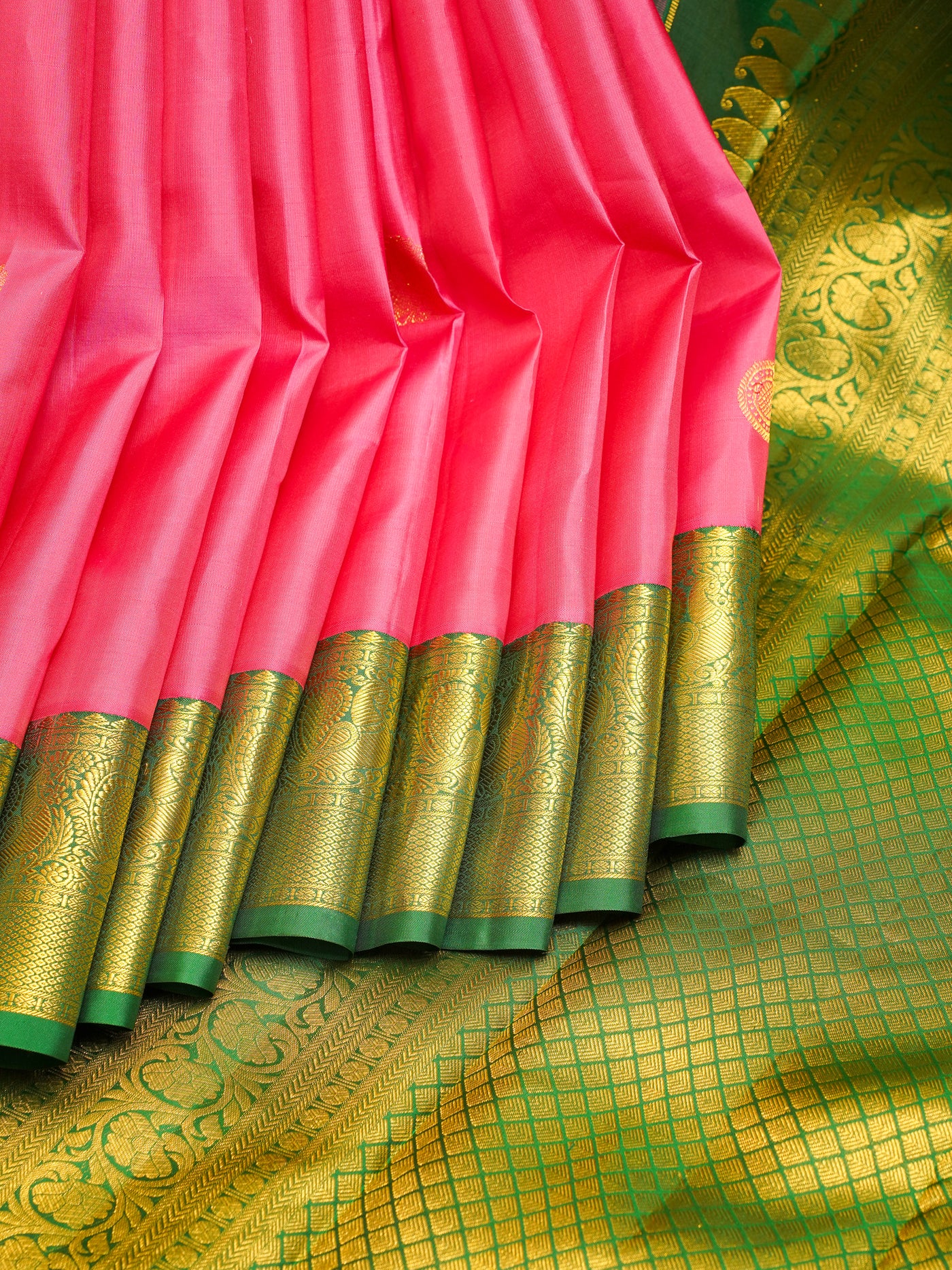 Pink and Green Traditional Pure Kanchipuram Silk Saree